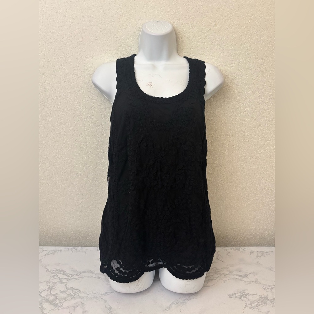 One World Live and Let Live Boho Crocheted Top Womens PM Black Sleeveless